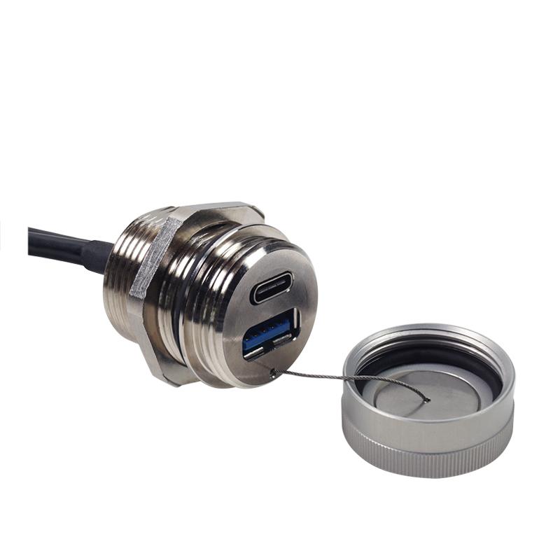 IP67 twin port socket with USB 3.0 type A and USB 3.1 type C connector
